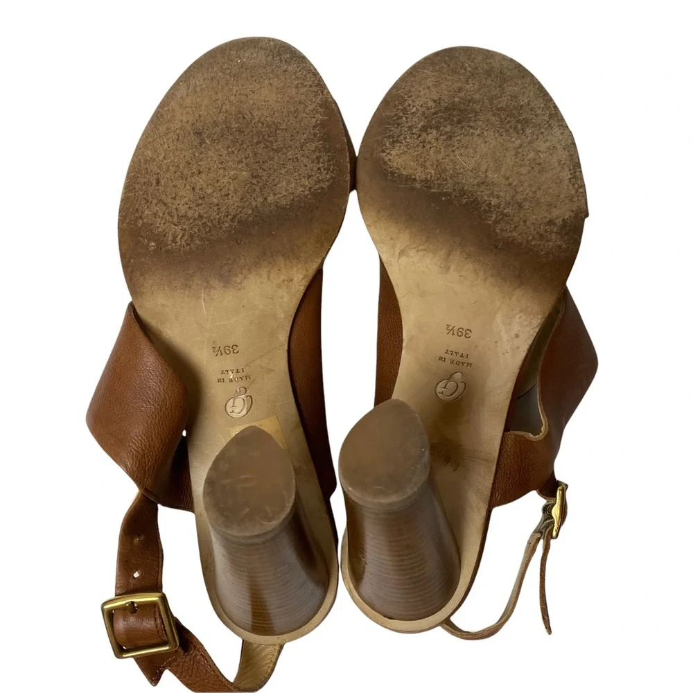 M Gemi Brown Leather Wood Stacked Heel Sandals Size 39.5 8.5 Made in Italy